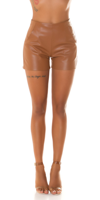 hoge taille faux leder shorts bruin
